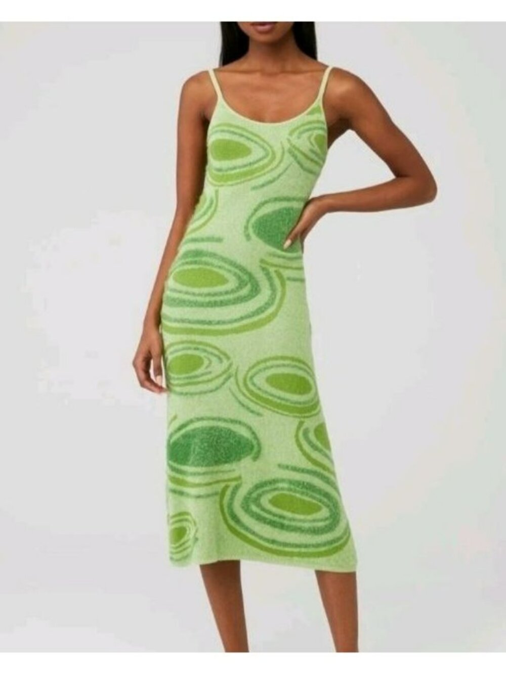 House Of Sunny Green Midi Dress Size 10 Swirl Pattern Spaghetti Straps